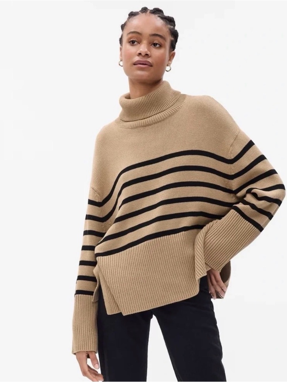 GAP 24/7 Camel Striped Split Hem Turtleneck Sweater, Size Medium